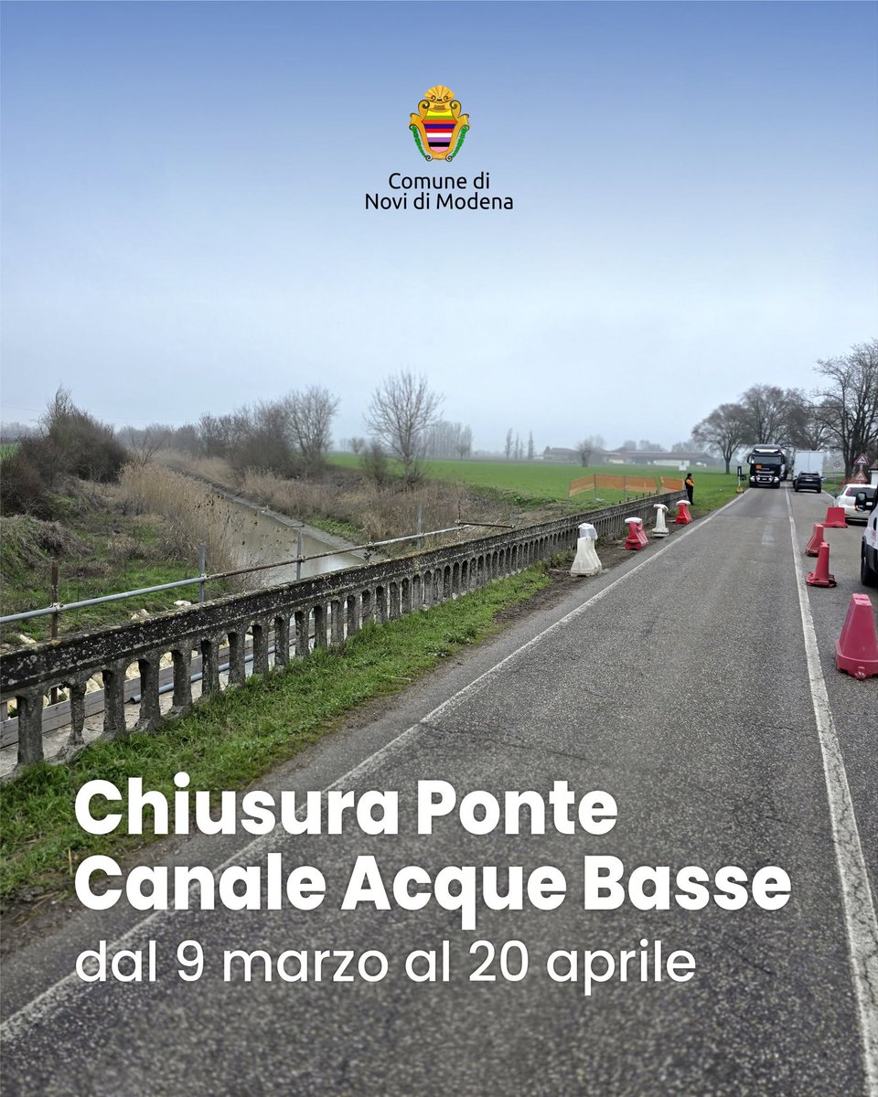 PMTerredargine's tweet photo. #PLTerredargine
⭕️CHIUSURA DEL PONTE CANALE ACQUE BASSE
La Provincia di Modena ha disposto 𝗱𝗮𝗹 𝟬𝟵 marzo 𝗮𝗹 𝟮𝟬 aprile la chiusura del ponte sul Canale Acque Basse Modenesi, in S.P. 8 di Mirandola a #NovidiModena per manutenzione e messa sicurezza.
@PMTerredargine https://t.co/iCh4s9BspW