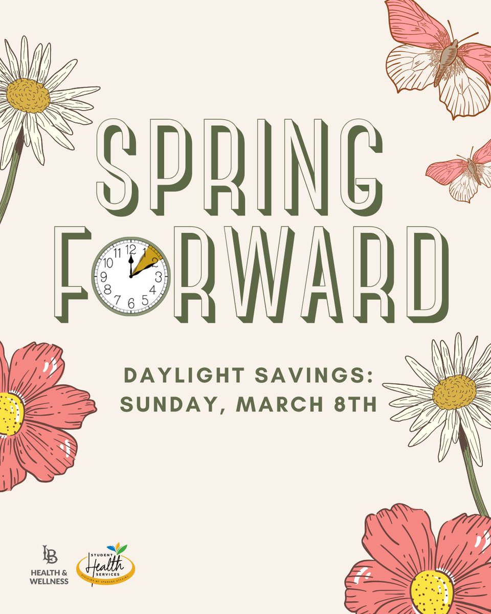 csulbwellness's tweet image. (Post 1/2) Spring forward is almost here!

Mark your calendars for Sunday, March 8th to set your clocks one hour ahead! 🕐

Swipe to learn about what Spring Forward is and how to prepare, so that your sleep health stays strong. 💪

#CSULB #GoBeach #SpringForward