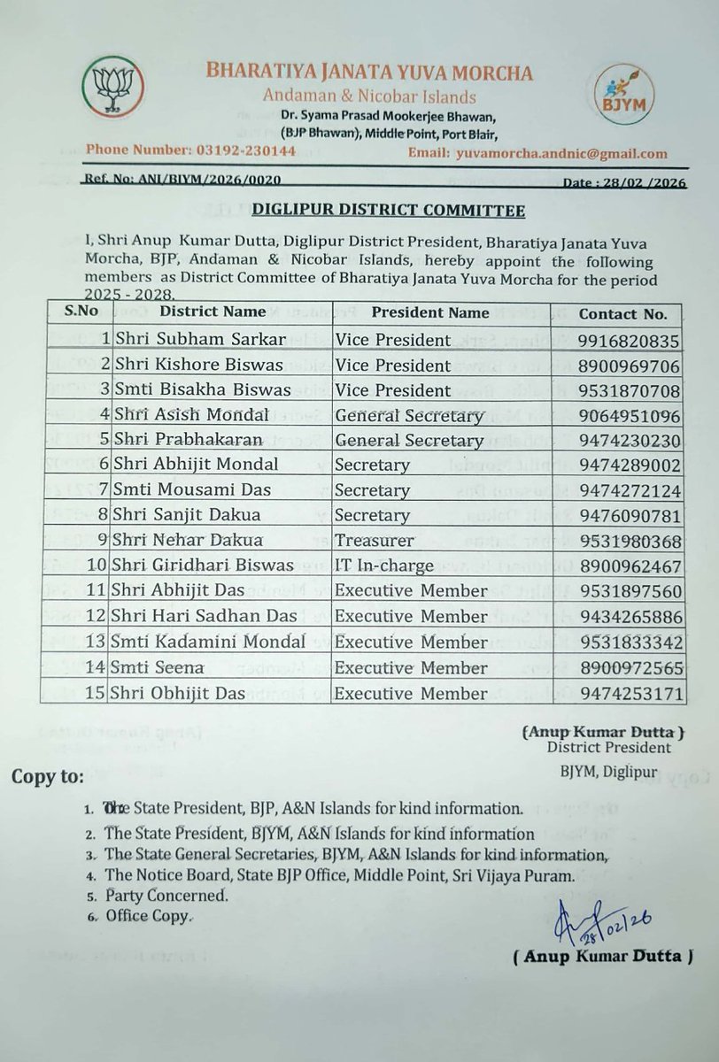 In the leadership of Shri Anup Kumar Dutta ,  District President Diglipur BJYM.  The Diglipur District Committee of Bharatiya Janata Yuva Morcha (BJYM) has been constituted today.
 The newly formed team aims to strengthen the organisation at the grassroots level and actively