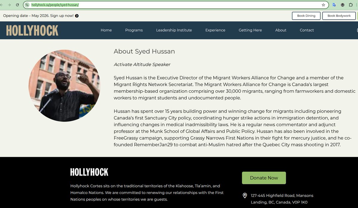 When not assaulting cops &amp; organizing with David Suzuki, Syed Hussan teaches at <a href="/PubPolicy_Munk/">Public Policy at Munk School</a> and at @hollyhocklife- a US foundation backed New Age resort on Cortes Island, BC that runs training camps for elite left-wing organizers.