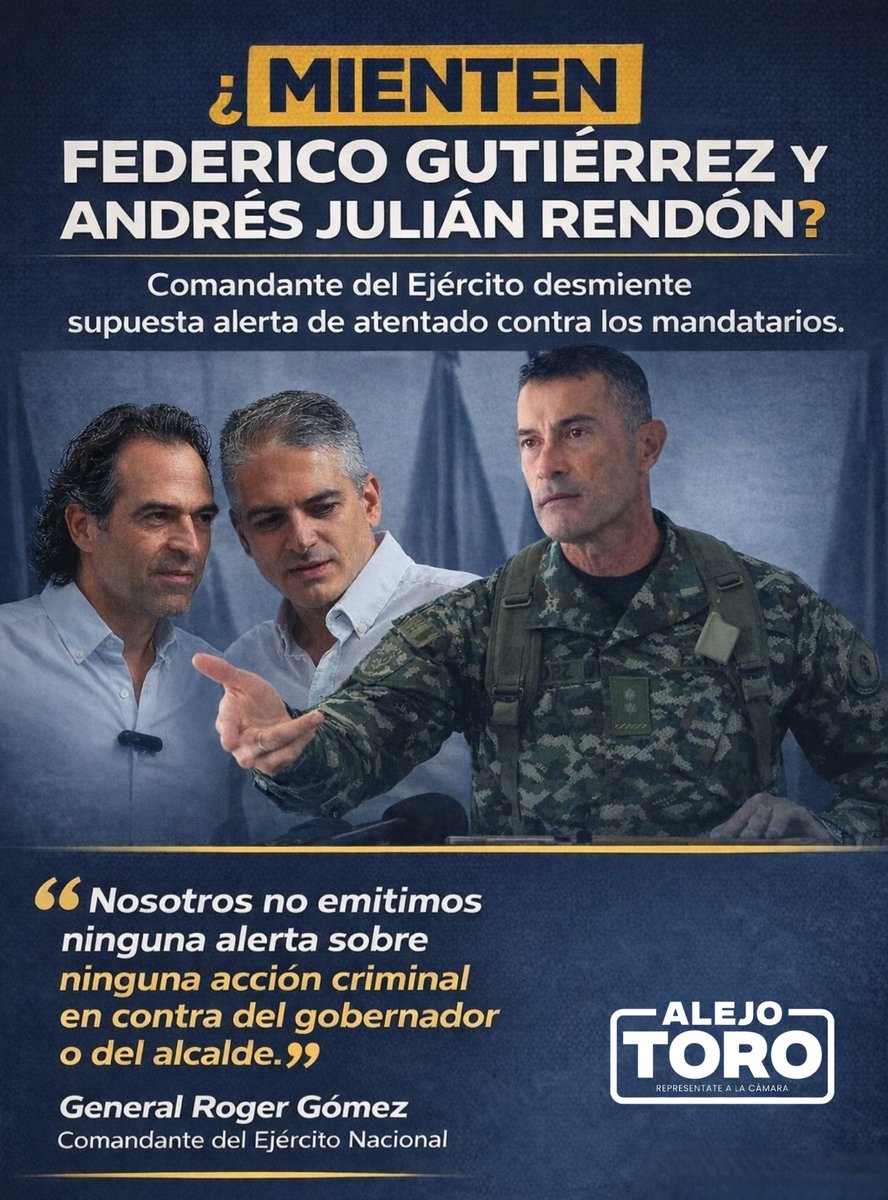 ¿Mienten Federico Gutiérrez y Andrés Julián Rendon? A 8 días de elecciones los mandatarios de Medellín y Antioquia andan generando pánico con supuestos ataques en su contra que ya fueron desmentidos por el Comandante del Ejército Nacional 

¿Cuál será su intención? 🤔