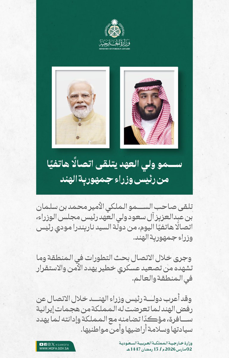 سمو #ولي_العهد يتلقى اتصالًا هاتفيًا من رئيس وزراء جمهورية الهند، جرى خلاله بحث التطورات في المنطقة وما تشهده من تصعيد عسكري خطير يهدد الأمن والاستقرار في المنطقة والعالم.