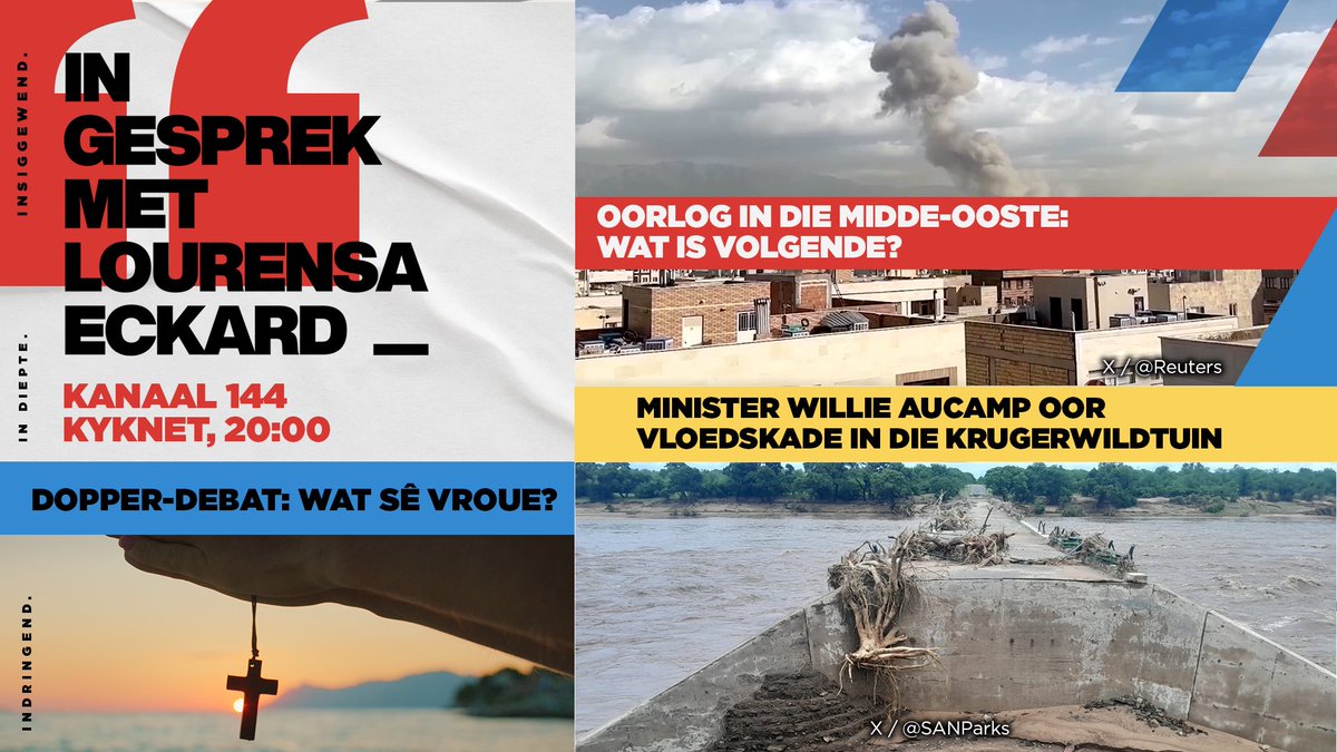 kykNETtv's tweet image. Vanaand op #InGesprek: Ons bespreek die oorlog in die Midde-Ooste, en praat oor die verdeeldheid onder Gereformeerde Kerke in SA oor vroue in die amp - en meer!

Skakel in om 20:00 net op #kykNET @DStv kanaal 144 of stroom op #DStvStream.
