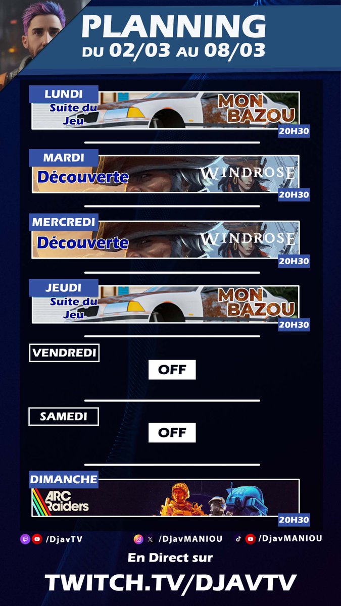 Planning de la semaine ! Comme prévu, pas mal de changements. Mes jours OFF changent et Hogwarts Legacy est terminé. Pour cette semaine, on part tester Windrose et on finira Mon Bazou soit sur cette semaine, soit sur la semaine prochaine.