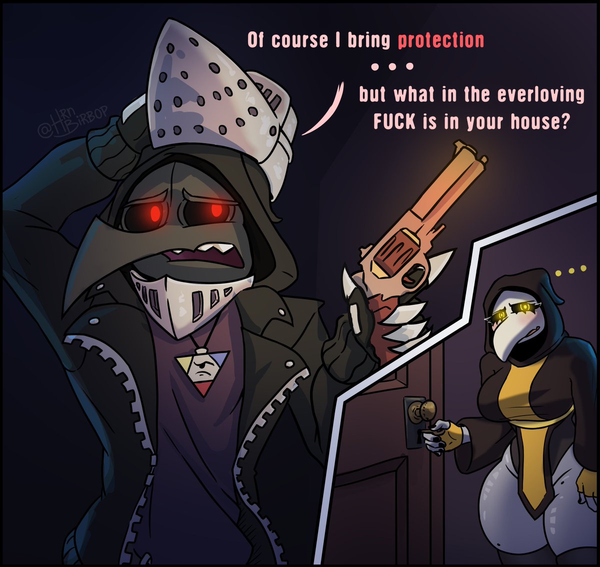 HrnBirbop's tweet photo. Remember people always bring protection. ft. Margaret @VetisxArt Oc https://t.co/6SZD4f7Ea5