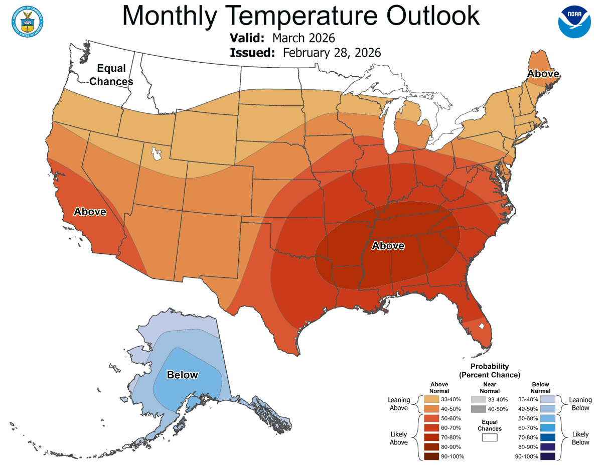 JustinMGlisan's tweet photo. The final March outlooks from @NWSCPC show higher probabilities of warmer and wetter conditions statewide; these indicate the potential for an active storm track. March's 30-year average temp. is 36.4 degrees F while #IA expects 1.99" of precip. #IowaAg #IowaClimate https://t.co/mBrvJf2kKd