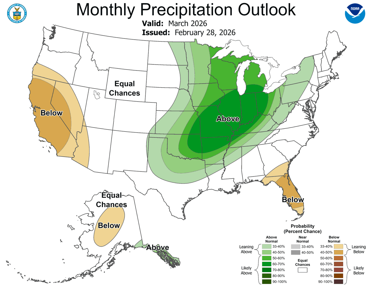 JustinMGlisan's tweet photo. The final March outlooks from @NWSCPC show higher probabilities of warmer and wetter conditions statewide; these indicate the potential for an active storm track. March's 30-year average temp. is 36.4 degrees F while #IA expects 1.99" of precip. #IowaAg #IowaClimate https://t.co/mBrvJf2kKd