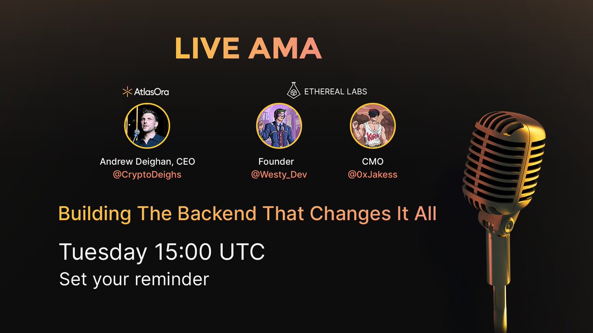 AtlasOraFi's tweet photo. Less than 24 HOURS until our AtlasOra × Ethereal Labs AMA ☀️

Got questions about what we’re building, why short-term rentals are broken, on-chain escrow, TravelFi, or the $AORA token? Drop them below 👇

Already 279 reminders set. Link 👇 https://t.co/wOgovWOUIi