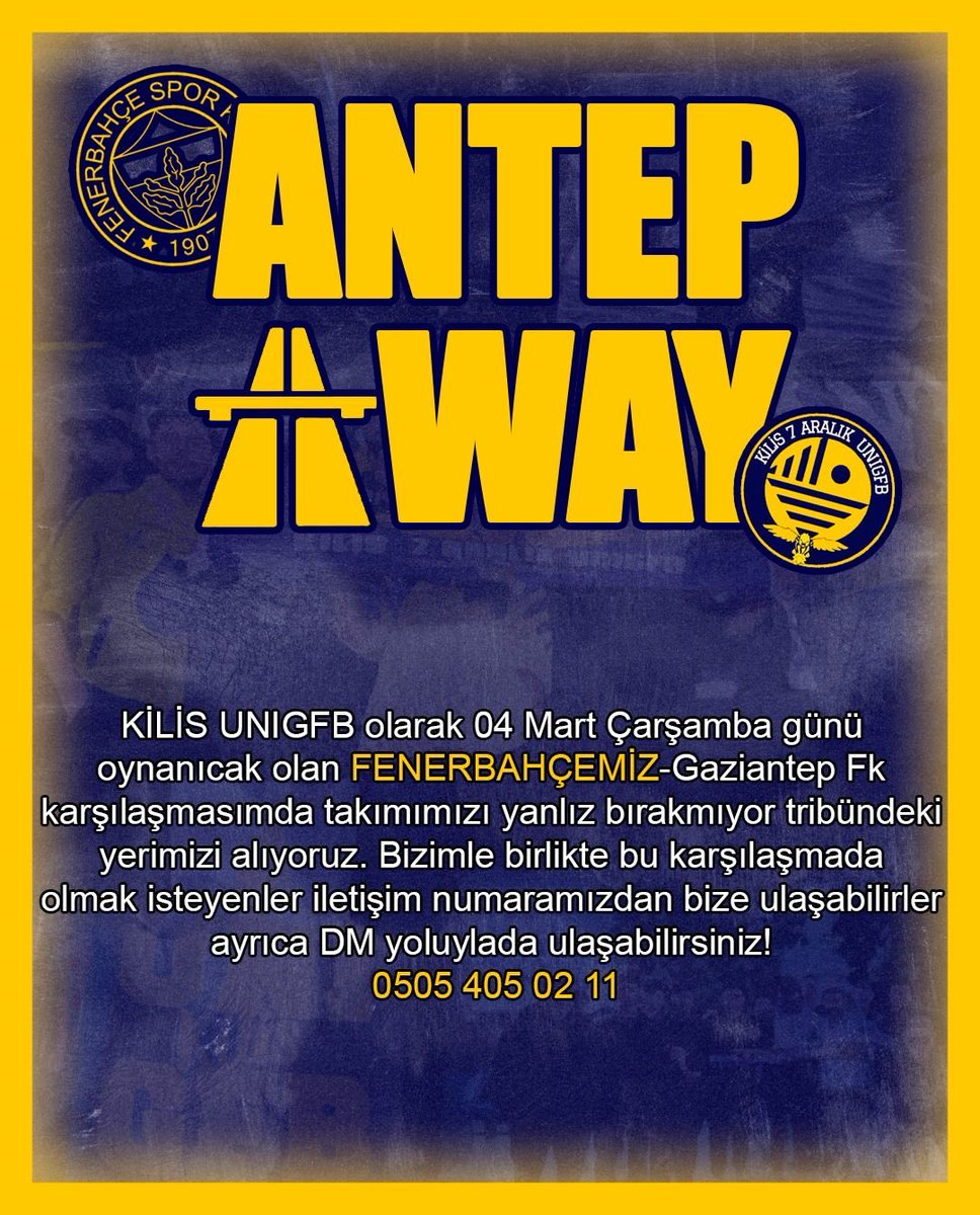 Fenerbahçe’mizi Gaziantep Fk deplasmanında yalnız bırakmıyoruz 

Bilet teminimiz yoktur.  

#UNIGFB