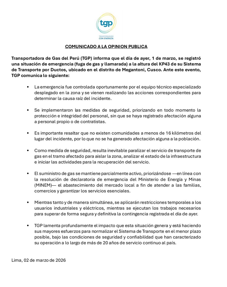 paolobenza's tweet photo. #Último Pandemonio energético. Ayer reventó una parte del ducto de TGP, la que trae el gas de Camisea, que es casi la mitad de nuestra matriz energética.

El Minem ha declarado emergencia. Se está priorizando usuarios residenciales, pero habrá restricción para industrias y+ (1/3) https://t.co/AgrnduJijV