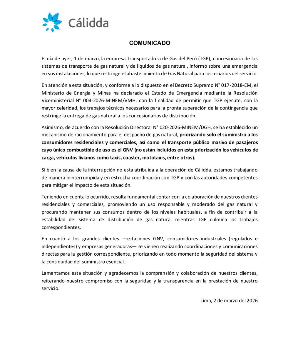 paolobenza's tweet photo. #Último Pandemonio energético. Ayer reventó una parte del ducto de TGP, la que trae el gas de Camisea, que es casi la mitad de nuestra matriz energética.

El Minem ha declarado emergencia. Se está priorizando usuarios residenciales, pero habrá restricción para industrias y+ (1/3) https://t.co/AgrnduJijV