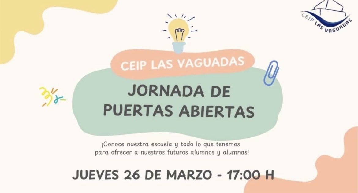 Jornada de puertas abiertas en el <a href="/CEIPLVaguadas/">CEIP Las Vaguadas</a>. Os esperamos el jueves 26 de marzo a las 17:00 #CEIPLVaguadas #jornadadepuertasabiertas