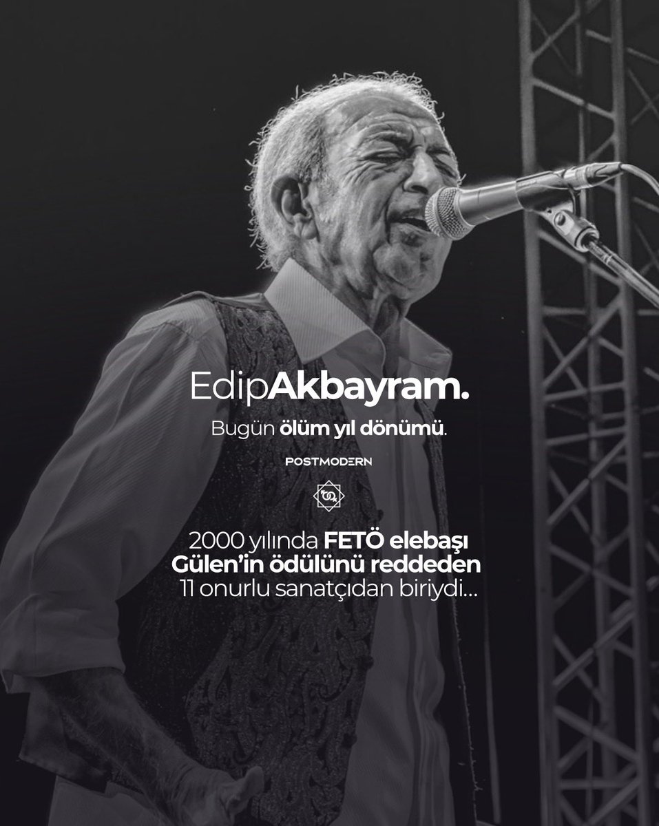 — Bugün Edip Akbayram’ın ölüm yıl dönümü. 2000 yılında FETÖ elebaşı Gülen’in ödülünü reddeden 11 onurlu sanatçıdan biriydi… 

Hep söylediği şu ifadeleri hatırlatmak isteriz: “Ben Cumhuriyetle ve Atatürk ilkeleriyle doğdum, onlarla öleceğim.” 

Ruhu şâd olsun. #EdipAkbayram
