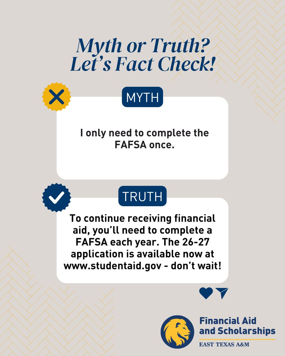 Think FAFSA is a one-and-done? 🤔 Think again! You must complete it every year to keep your financial aid on track! Don’t wait - submit your 2026–2027 FAFSA to avoid delays and maximize your aid. 📅💻 #ETAMU #financialaid #studentaid #collegeready #FAFSA
