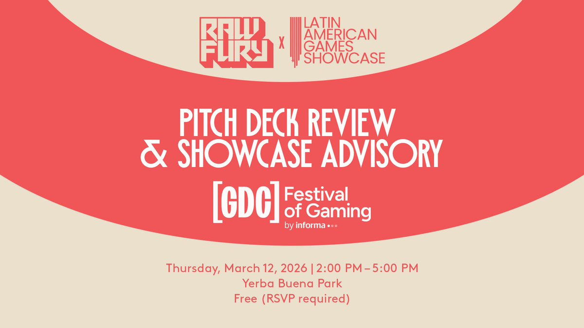 LAGShowcase's tweet photo. 🚨 GDC ANNOUNCEMENT 🚨

LAGS 🤝 @RawFury 
 Pitch Deck Review + Showcase Advisory meetup at @Official_GDC 

🗓 Thu, March 12 ⏰ 2PM–5PM 📍 Yerba Buena Park

Get feedback on your pitch deck + advice on your marketing plan &amp; assets for future showcases!

🎟 RSVP on link below👇🏻 https://t.co/LX8NFNg9xj