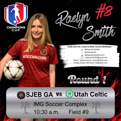 RaelynSmith2028's tweet photo. Can’t wait for @GAcademyLeague Champions Cup finals this weekend. Come watch our @SJEBFC 2010 team play some great competition. https://t.co/6H02QpUWtq