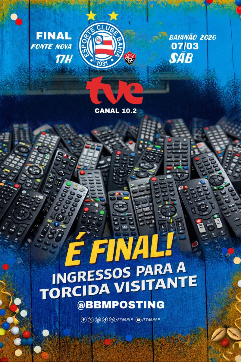 🎫 INGRESSOS PARA A TORCIDA VISITANTE! É a grande final do Campeonato Baiano 2026. Site da Arena e plataformas online da @ingresse são opção. Detalhes aqui ➡️ esporteclubebahia.com.br/carnaval-na-fo… #TudoTemBahia #BBMP