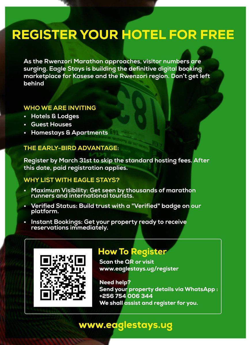 We are registering all standard accommodation in kasese and Greater Rwenzori. As the <a href="/RwenzoriMarathn/">Tusker Lite Rwenzori Marathon</a> approaches, our win is to have all hotels booked and guests comfortable 

If you own a Hotel, Lodge, GuestHouse or a HomeStay, register your property at EagleStay.ug/register