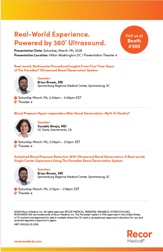 RecorMedical's tweet photo. Join us at CRT | Washington, DC | March 7–10

Experience the power of 360° ultrasound in real-world practice.

From first-time user procedural insights to hyper-responder analysis and sustained BP outcomes, our scientific sessions highlight how Paradise® Ultrasound RDN delivers durable clinical performance.

📍Don’t miss our Case-in-a-Box and abstract presentations.

View the full schedule in the attached invitation and add these sessions to your CRT calendar.

We look forward to seeing you in DC.

Prescription only. Results may vary. Important Safety Information: https://t.co/RQE3vnYwlh