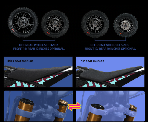 SUR_RON_JP's tweet image. Hyper Beeは成長に合わせて調整可能。

12/10インチホイール＋ローシート仕様でシート高は630mm〜710mmまで対応。

はじめての一台から、本格的に走れる一台へ。

“長く乗れるキッズモデル”です。

#HyperBee #Surron #キッズバイク
#Eモト