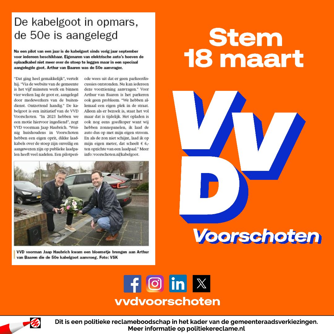 VVDVoorschoten's tweet photo. Uit de @VoorschotenseK: de kabelgoot is in @GemeenteVSN aan een opmars bezig. Dankzij een motie van @VVDVoorschoten kan sinds sept 2025 iedereen de kabelgoot bestellen. Onlangs werd de 50e aangelegd. Goede reden voor Jaap Haubrich om langs te gaan met een bloemetje. https://t.co/55AcuhL4jO