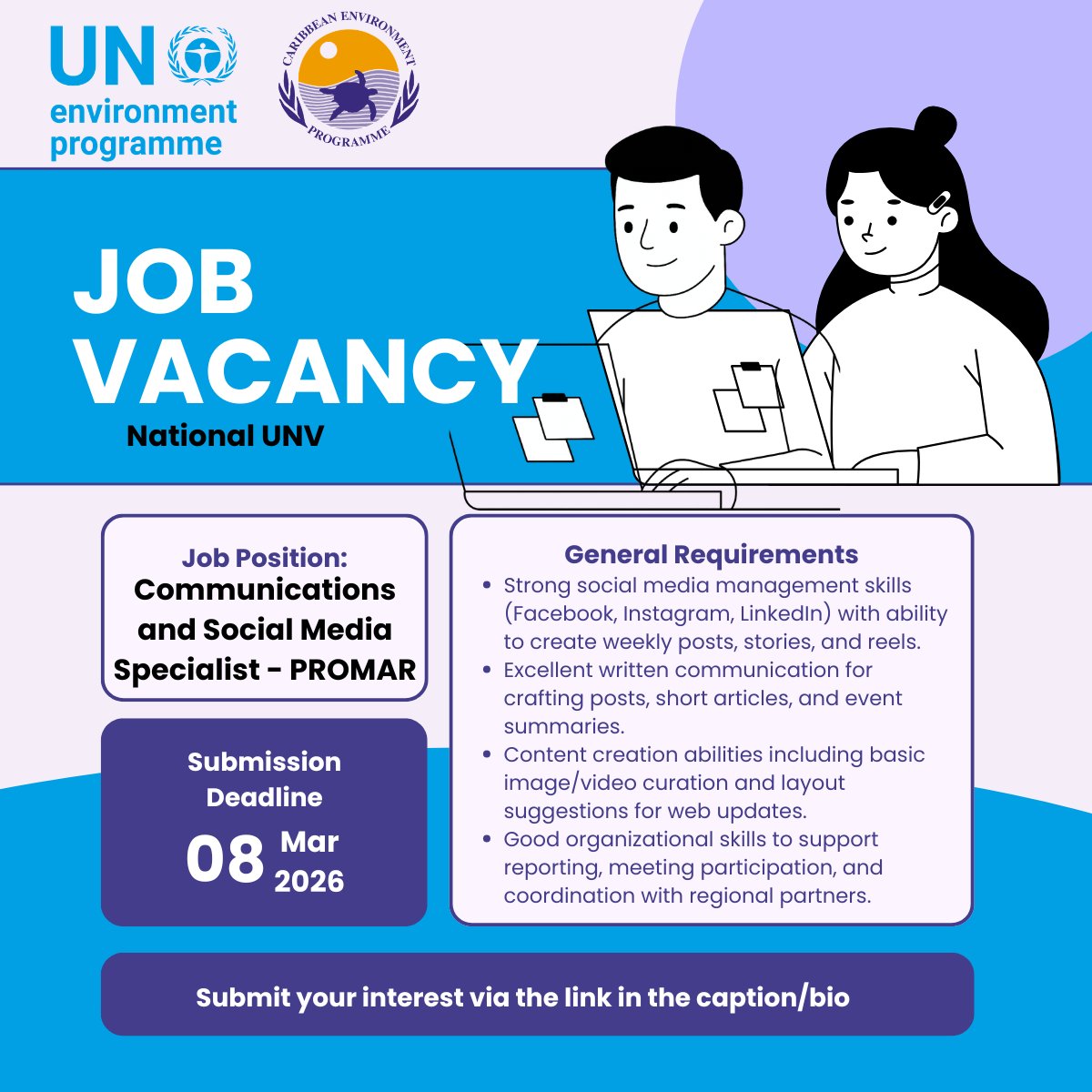 UNEP_CEP's tweet image. UNEP’s PROMAR project is recruiting a University Volunteer in Guyana to lead social media &amp;amp; communications on marine litter prevention across the Caribbean. 🌊♻️Creative? Passionate about the environment? Apply here ⬇️
app.unv.org/opportunities/…
 #MarineLitter #Guyana #Environment