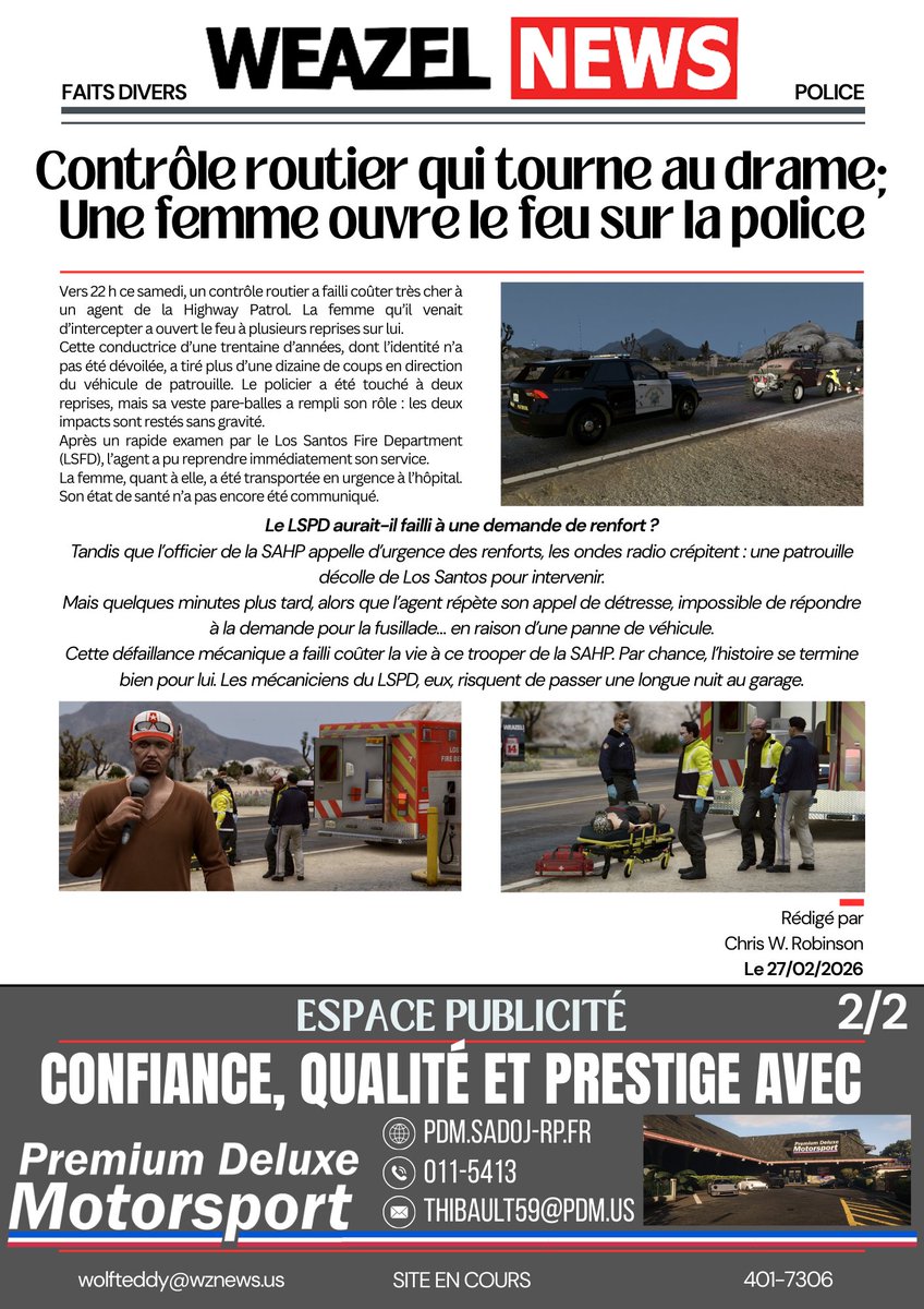 WZN_SA's tweet photo. 🟥 Contrôle routier qui tourne au drame; Une femme ouvre le feu sur la police
#LSPD #LSCPD #SAHP #SanAndreas #LosSantos #WeazelNews #Robinson #SADoJ #SADoJRP https://t.co/4mDmxh2Nz1