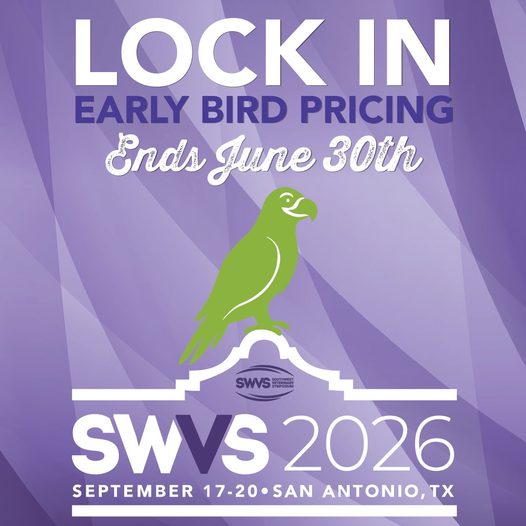 SWVS's tweet photo. The Early Bird gets the discount, y'all: but only until June 30th! 🐦 Don't wait until the last minute to register.
Register now: https://t.co/Aa9JNUC2wY
Follow us for more tips! 💡
Tag a friend who you want to see in San Antonio, TX!
#SWVS2026 #RegisterNow #VetConference https://t.co/preUZoJMOA