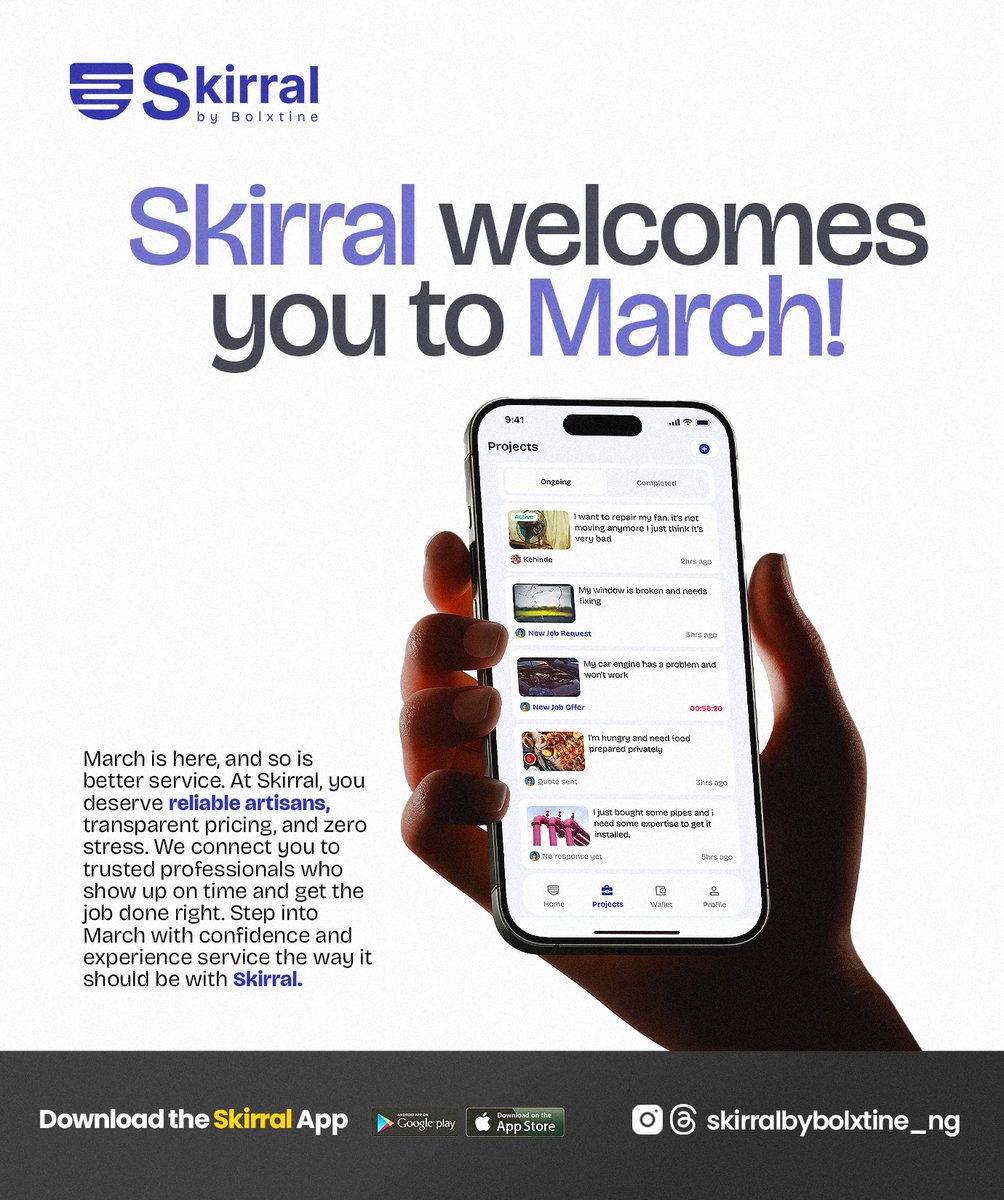 WjuUIUX's tweet photo. Welcome to the month of march! Skirral is ever ready to still provide you, seamless service by providing you the best artisans Nigeria has to offer. Download the app today! https://t.co/7FdbStnLPm