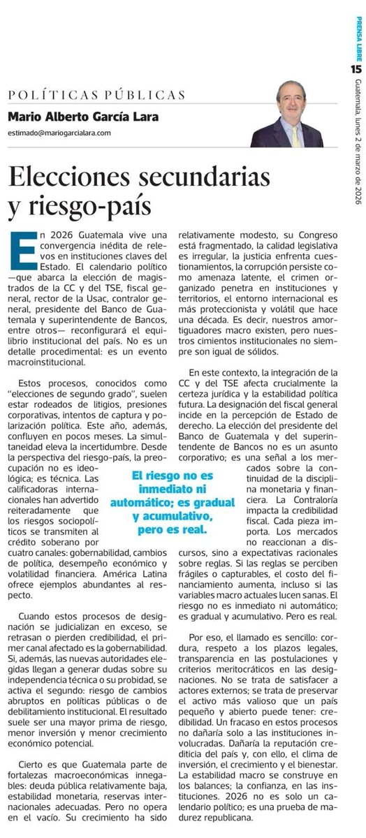 En 2026 confluyen elecciones secundarias que redefinen el equilibrio institucional de Guatemala.
No es solo política: es riesgo-país.
Gobernabilidad, cambios de política, volatilidad y crecimiento están en juego.
La estabilidad macro descansa, al final, en instituciones creíbles.