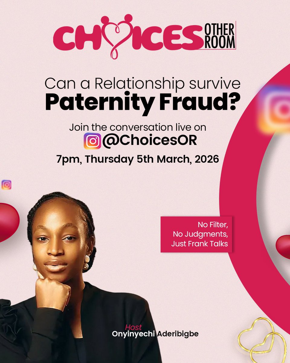 ChoicesTVgames's tweet photo. This one is going to be a tough conversation βand we are not shying away from it.
Can a relationship survive paternity fraud?
Join Onyinye and let's talk about it live, honestly and openly.
This Thursday, 5th March at 7PM on Instagram @ChoicesOR.
#Choices #Chelsea #Ogba https://t.co/1rk2f35xN7