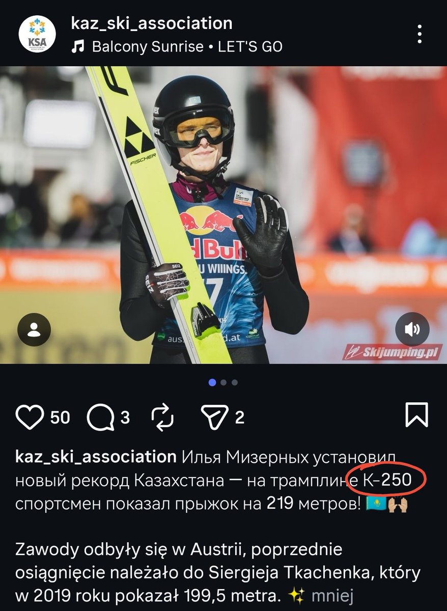 Feniowy's tweet photo. Własnie na profilu Kaz_ski_association na Instagramie pojawił się post gratulujący Mizernychowi pobicia rekordu Kazachstanu w długości skoku. Jednak ktoś tu się pomylił co do rozmiaru punktu konstrukcyjnego na Kulm ;)))

🧵
#skijumpingfamily https://t.co/z8yWC2MuIT