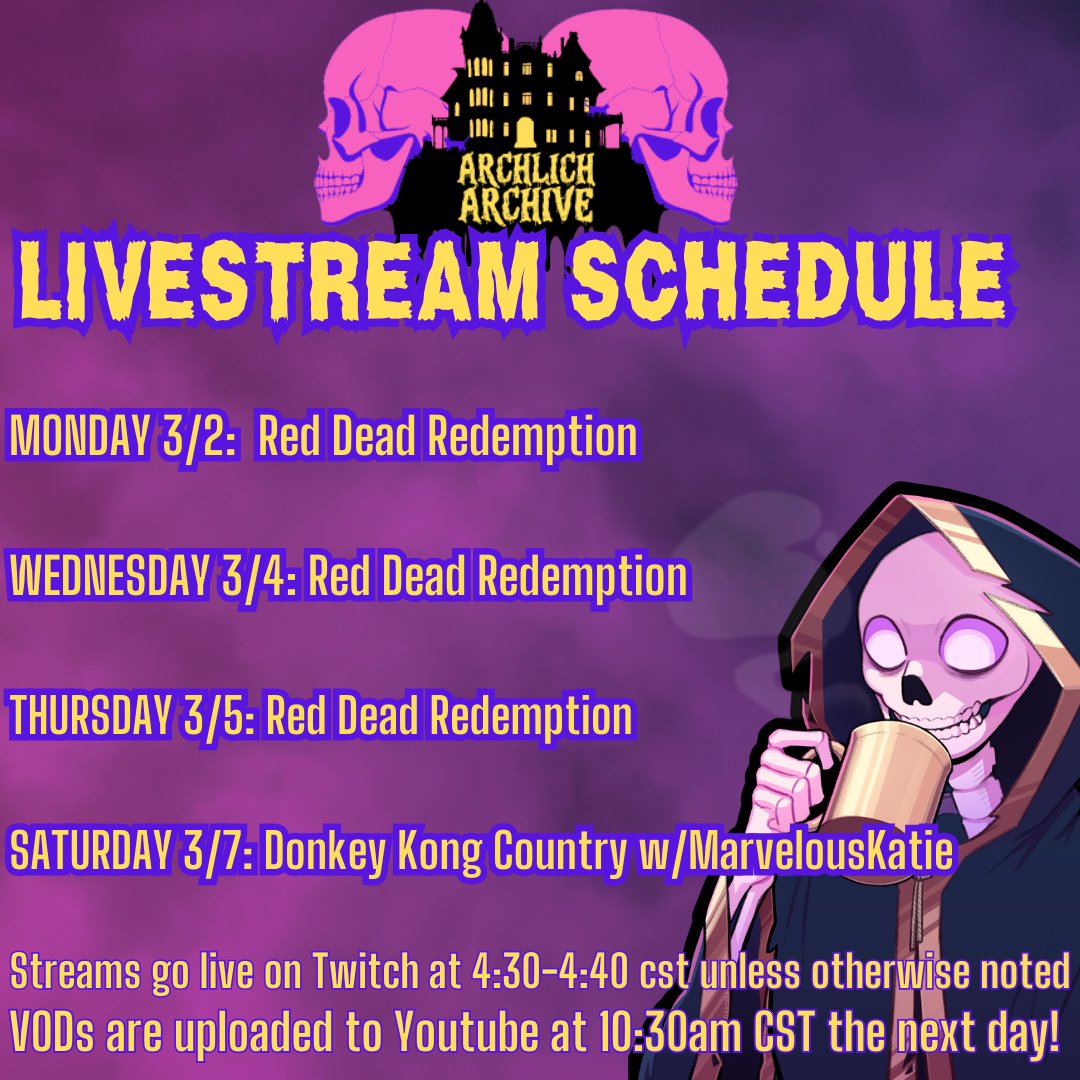 archlicharchive's tweet photo. Hi Skeleton Crew!  

t's time for us to Yee all of our Haws- we're starting Red Dead Redemption this week! Also- Can Marvelouskatie successfully *coach* me  in Donkey Kong Country? We'll find out on Saturday!   
I can't wait to see you all this week!   

https://t.co/3CgCWCZway https://t.co/jtOAbS9osD