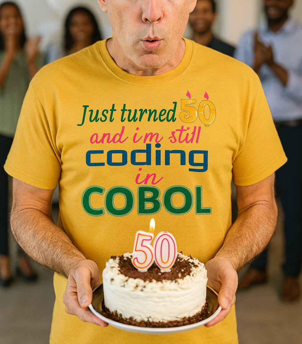 shirtparking's tweet photo. Blessed! Just Turned 50 and Still Coding in COBOL! on shirt @zazzle  https://t.co/COoDAOot67 via @zazzle #CobolProgramming #LegacySystem #Coding #50yearsold #MainframeComputers #Shirtparking https://t.co/8aDLQ5VQMg