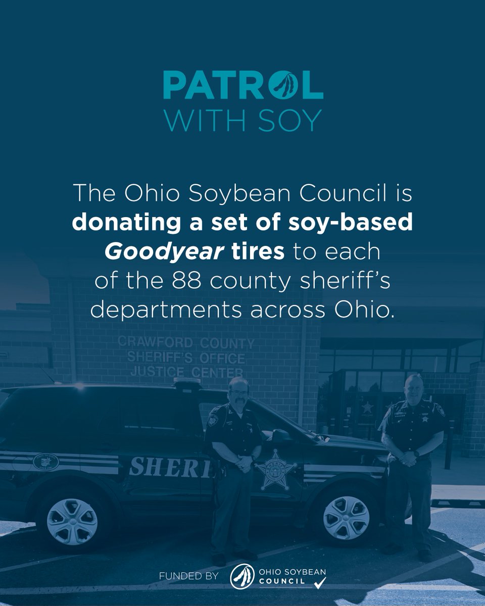 Ohiosoycouncil's tweet photo. Do your tires contain soy-based rubber? We are working to ensure #Ohio sheriff departments do!

Through your #checkoff dollars, every county sheriff’s department in Ohio is receiving soy-based #Goodyear tires. 

#PatrolWithSoy https://t.co/nTOdfV34EV