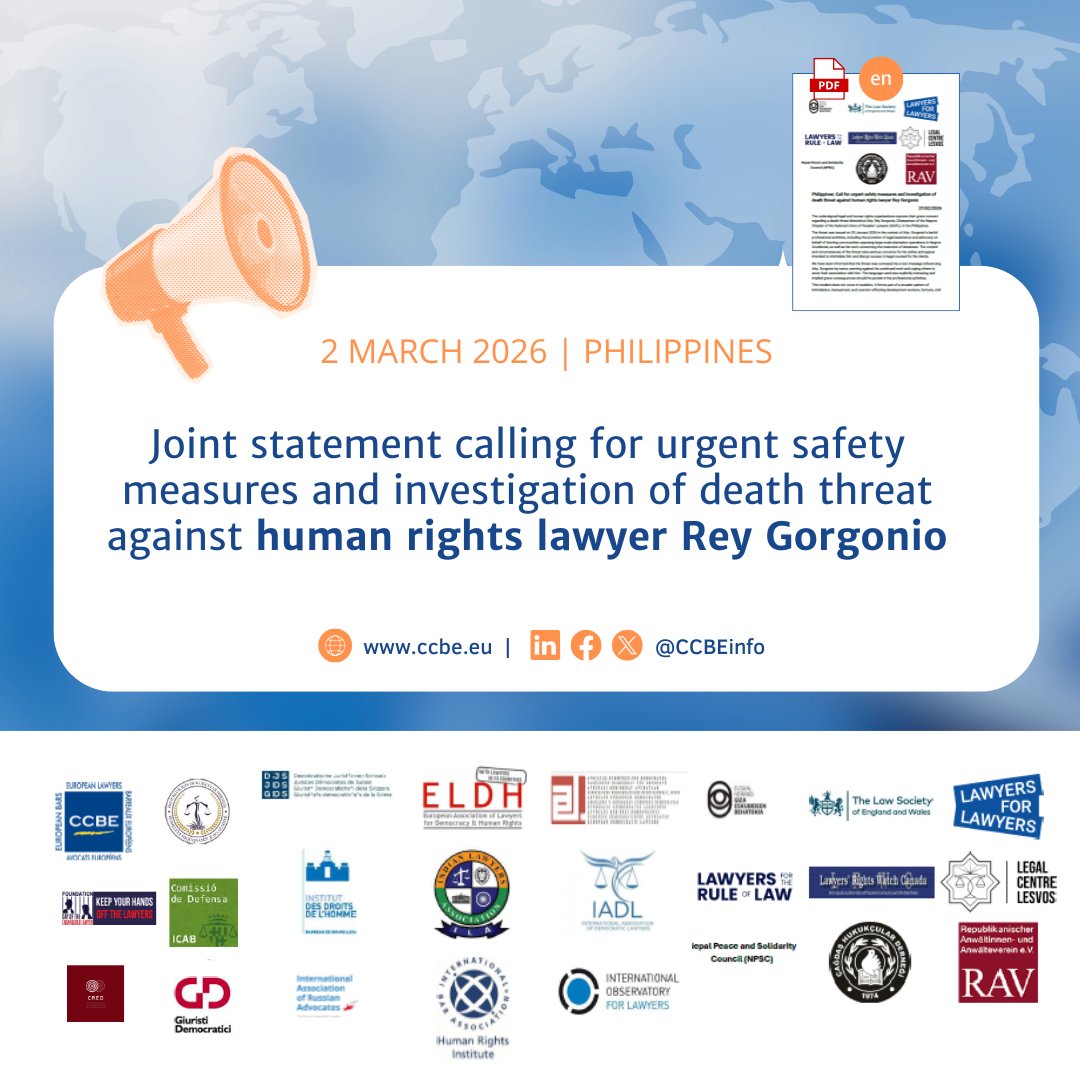 CCBEinfo's tweet photo. 📢#Avocatsendanger aux #Philippines | Le CCBE, aux côtés d'organisations d’avocats &amp; droits humains, demande des mesures de protection urgentes et une enquête sur les menaces de mort visant l’avocat Rey Gorgonio en lien avec son travail légitime 🔎 https://t.co/W6VdBW731J https://t.co/0zHKrNSpbk