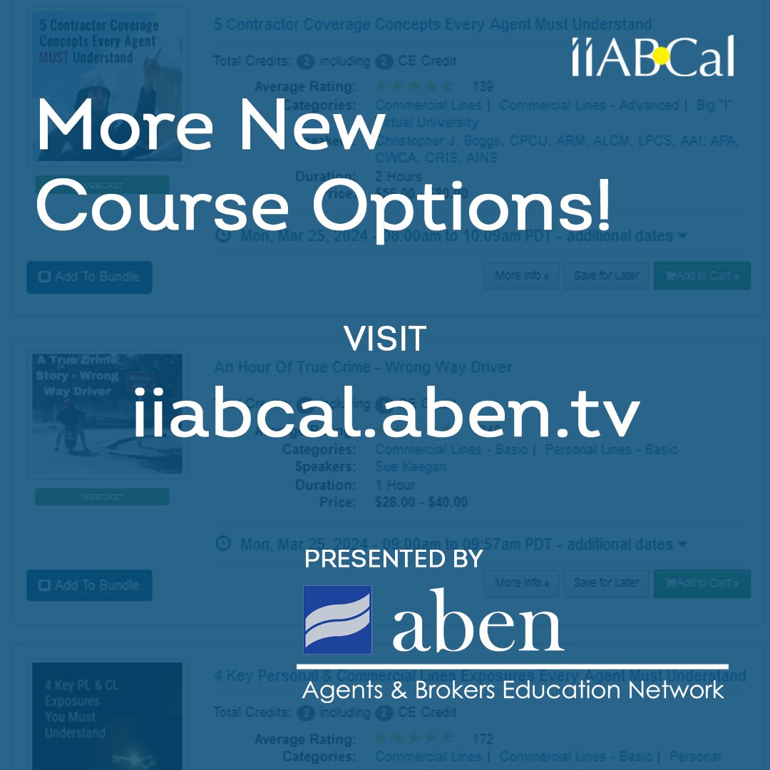 New course options are here for #IIABCal members with our partners at ABEN!

✍️ Power of Prevention: Agency Risk Management Essentials
✍️ Coverage Essentials: Introduction to the HO Policy
✍️ Newest Cyber Attacks, State of Cyber Market

 Info: iiabcal.aben.tv

#CE