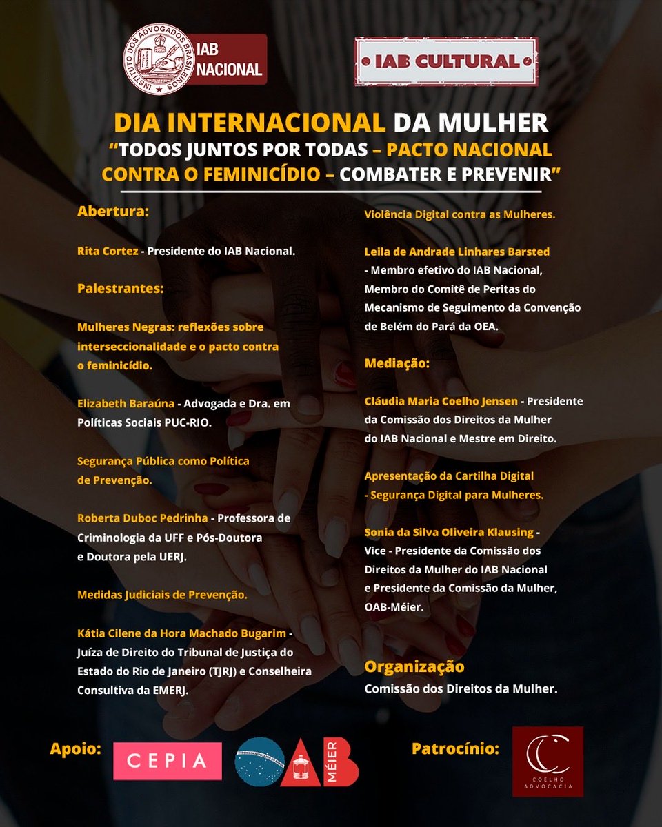 O IAB promoverá, nesta sexta-feira (6/3), às 10h, o evento Todos juntos por todas: pacto nacional contra o feminicídio – combater e prevenir, em alusão ao Dia Internacional da Mulher, celebrado em 8 de março. 👩

Leia mais em iabnacional.org.br/iab-realizara-…