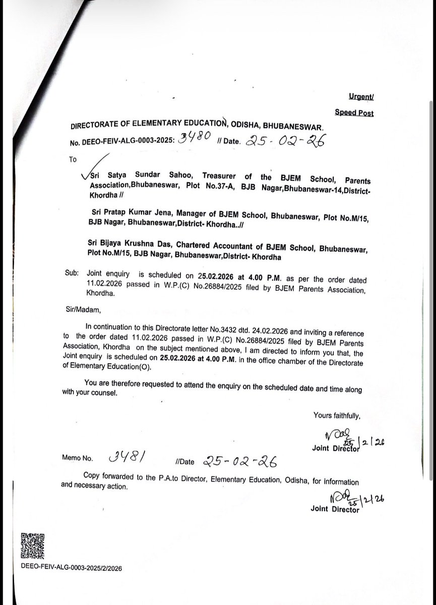 BjemSchool's tweet photo. @CMO_Odisha WPC 24407/25 order of the Odisha High Court:
Meeting on 25 Feb, letter dated 25 Feb, Speed Post on 28 Feb, received on 2 March. 
Is this not contempt of court?Shocking state of the Education Department.
Immediate suspension of the concerned Joint Director is demanded. https://t.co/lCgwtzn2xy