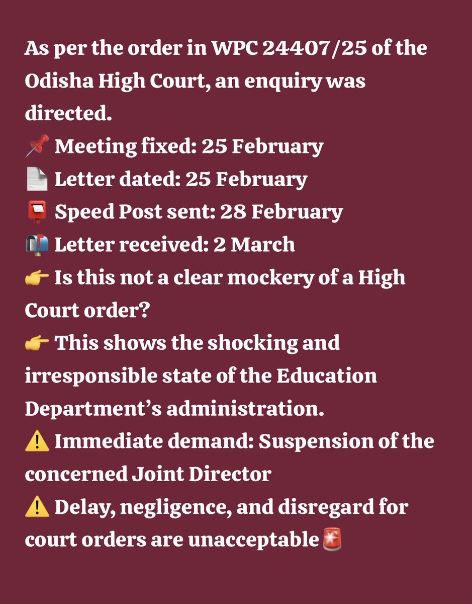 BjemSchool's tweet photo. @CMO_Odisha WPC 24407/25 order of the Odisha High Court:
Meeting on 25 Feb, letter dated 25 Feb, Speed Post on 28 Feb, received on 2 March. 
Is this not contempt of court?Shocking state of the Education Department.
Immediate suspension of the concerned Joint Director is demanded. https://t.co/lCgwtzn2xy
