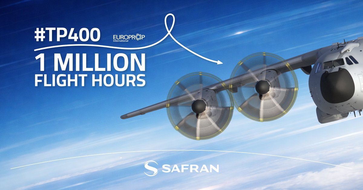 ✈️🎉1 million flight hours for the TP400! In service since 2013, the A400M’s powerful turboprop hits a milestone thanks to 10 operator nations and the Europrop International team. Congrats to all! #CommittedToMissionSuccess