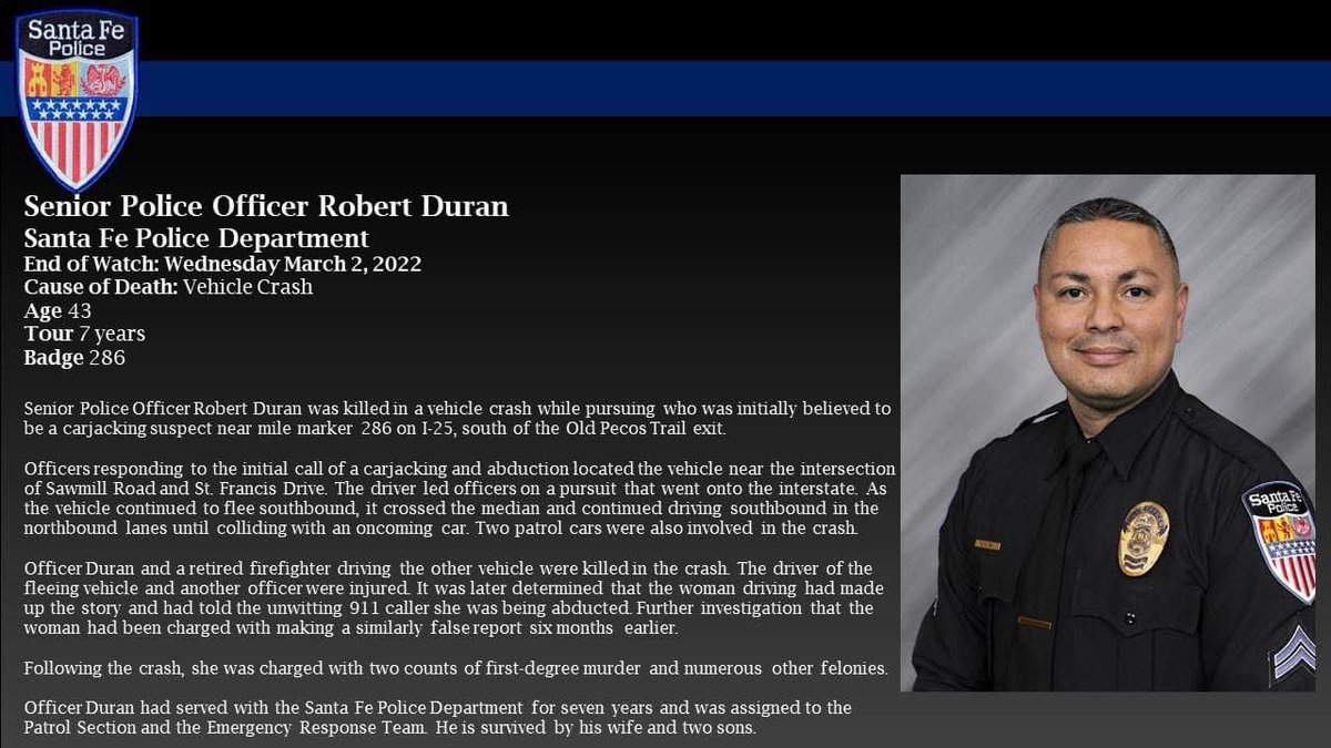 santafepolice's tweet photo. @Santafepolice #Honors the service and sacrifice of Senior Police Officer Robert Duran (EOW 3/2/22).

Their dedicated service to &amp; ultimate sacrifice in the line of duty will #NeverBeForgotten.

#StaySafeSantaFe
#ProtectAndServe
@SantaFeGov https://t.co/szK21M3GaP
