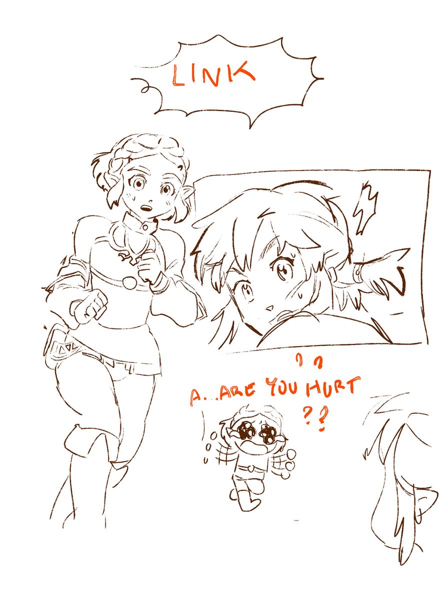 old rough comic sketch I did when I used to play A LOT of TotK. 🥲Got inspired when Zelda worried about Link over a few keeses...