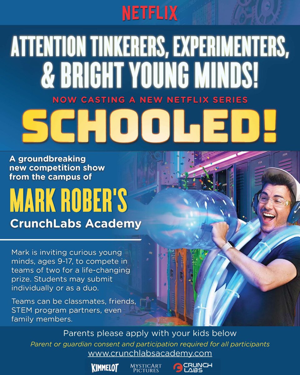 mysticart's tweet image. NOW CASTING a @Netflix &amp;amp; @netflixfamily competition show, SCHOOLED! from the campus of Mark Rober’s @crunchlabs ! 

@MarkRober is inviting curious young minds to compete for a life-changing prize. Parents, apply w/ your kids at 🔗 in bio! 

#markrober #crunchlabs #ScienceIsCool