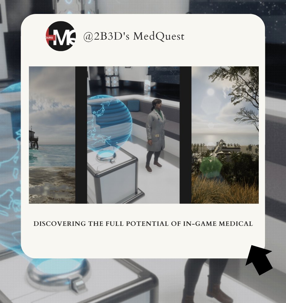 2B3Ds_MedQuest's tweet photo. MedQuest brings mental health support to the ActionVerse. Connect with therapists, explore calming spaces, and improve your well-being.
#MedQuest #ActionVerse #PlayToOwn #MentalHealth https://t.co/vcfiBCVeD7