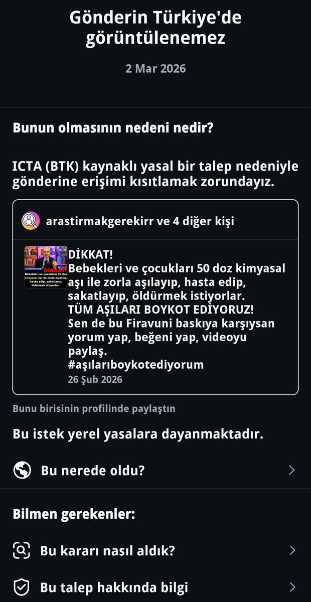 Elif Esen'in bebeklere ve çocuklara zorla 50 doz aşı yapılsın diye verdiği kanun teklifine tepki gösteren Erkan Trükten'in videosu ENGELLENDİ.
<a href="/ErkanTrukten/">Erkan Trükten 🇹🇷</a>