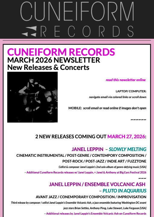 waysidemusic's tweet photo. Cuneiform Records March 2026 Newsletter: 2 new releases by Janel Leppin – w/ Ensemble Volcanic Ash &amp; solo; global concerts; videos; sneak peeks &amp; more - https://t.co/Wpi2zMQMJu https://t.co/cned575AkF