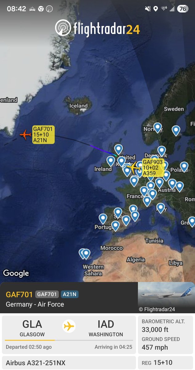 Borrowed7Time's tweet photo. German Govt. movement out of Berlin to DC-Dulles (IAD) as Chancellor Friedrich Merz travels to meet with POTUS:
A321-251NX 15+10 #3F5407 as GAF701
A350-941 10+02 #3F5D91 as GAF903
@sipjack1776 @LadyAstroJet https://t.co/bqjsPnszDi