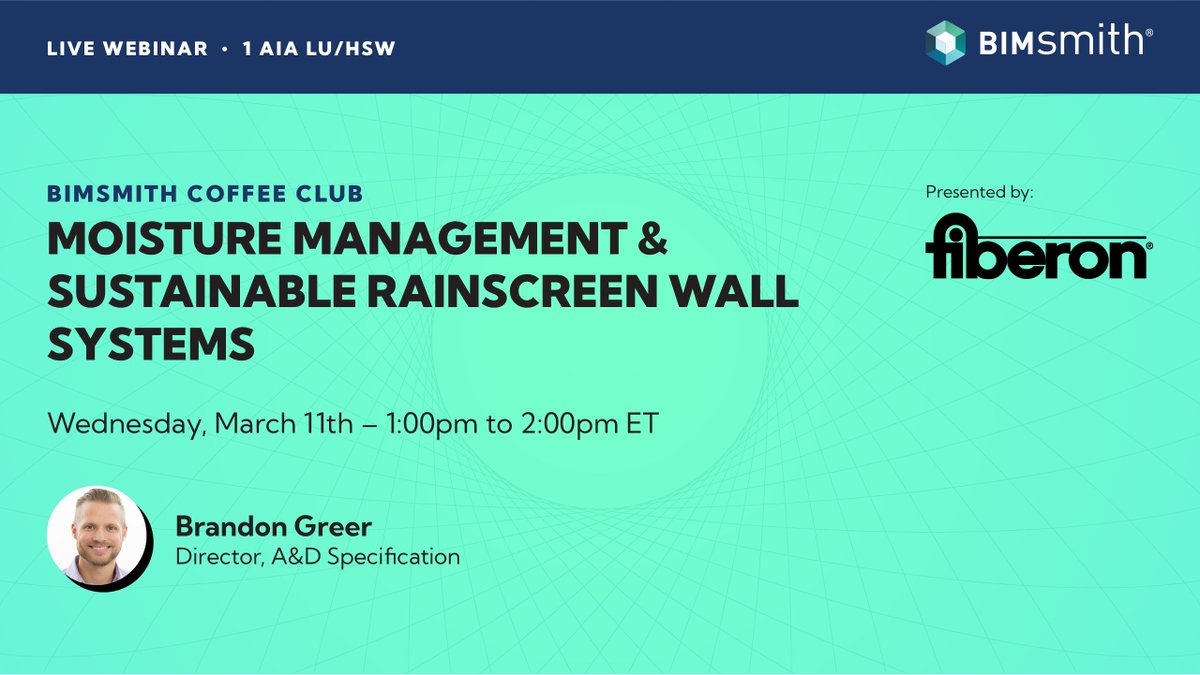 thebimsmith's tweet photo. BIMsmith Coffee Club x Fiberon

Moisture is relentless. Your wall system should withstand it. Learn to spot vulnerabilities, apply rainscreen design principles, and specify cladding systems aligned with sustainability goals.

1 AIA LU/HSW credit

Register: https://t.co/JMTx0I5rWc https://t.co/WZ8eKgXh9s