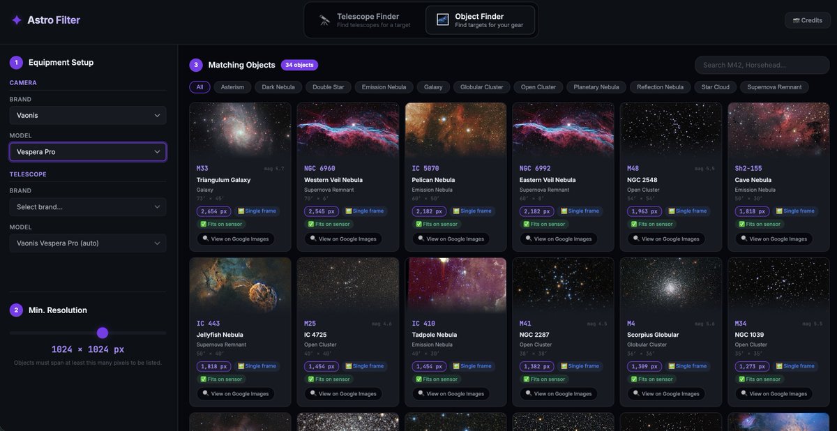 george_toderici's tweet photo. Are you new to astrophotogaraphy? Don't know what gear works for what deep sky objects? I made a website to help out with that. It lets you identify what gear you need to image a specific DSO, or lets you figure out what you can image with your gear.

https://t.co/IY0LOONr07 https://t.co/l6ktppdxzR